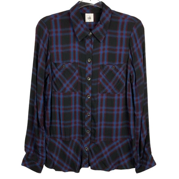 CABI Button Up Down Moody Plaid Shirt Top Blue Garnet Dark Plaid sz Small 3431 - Picture 7 of 13